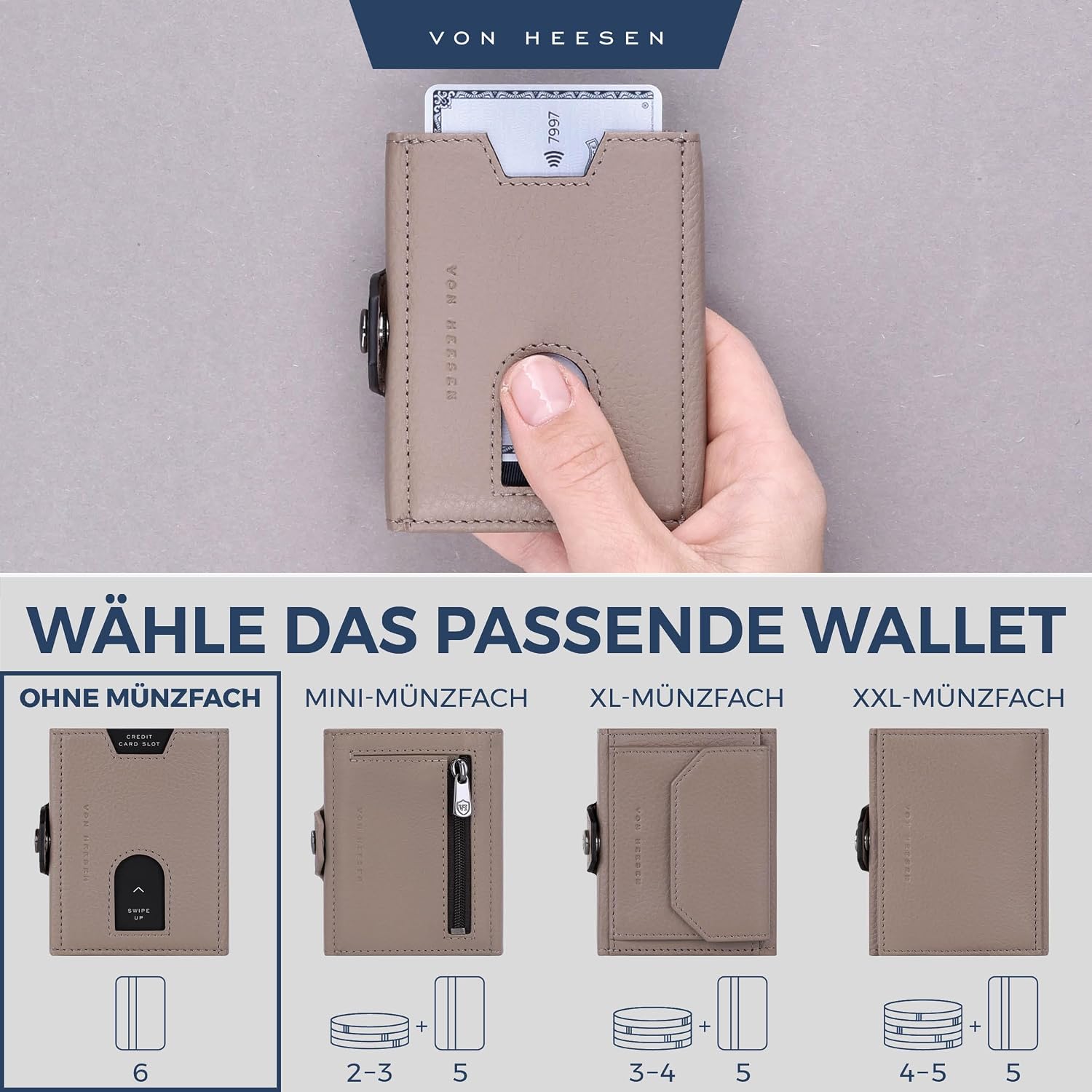 Detalle de VON HEESEN Slim Wallet mit RFID-Schutz – kleines Echtleder Kartenetui (Taupe), flach & leicht