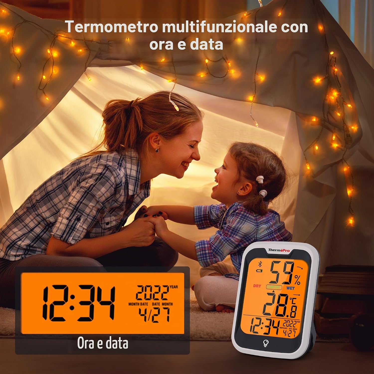 Detalle 2 de ThermoPro TP358 termometro igrometro Bluetooth interno con orologio e retroilluminato, controllo via app