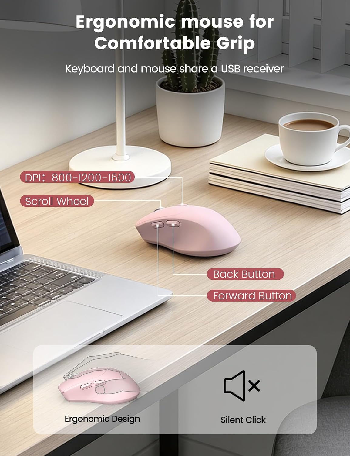 Thumbnail 6 de Wireless Keyboard and Mouse Combo (Pink) — Full-Size, Ergonomic with Wrist Rest