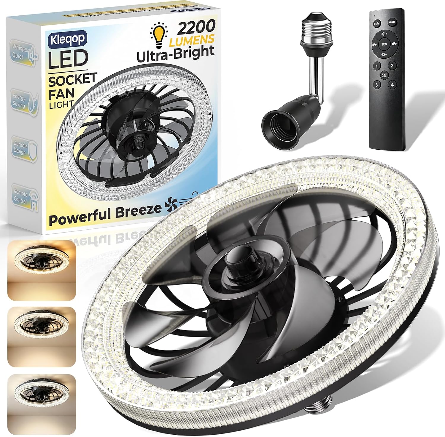 Detalle de Kleqop KL-CF-B Socket Fan Light, 2200 lm LED and 4 Fan Speeds