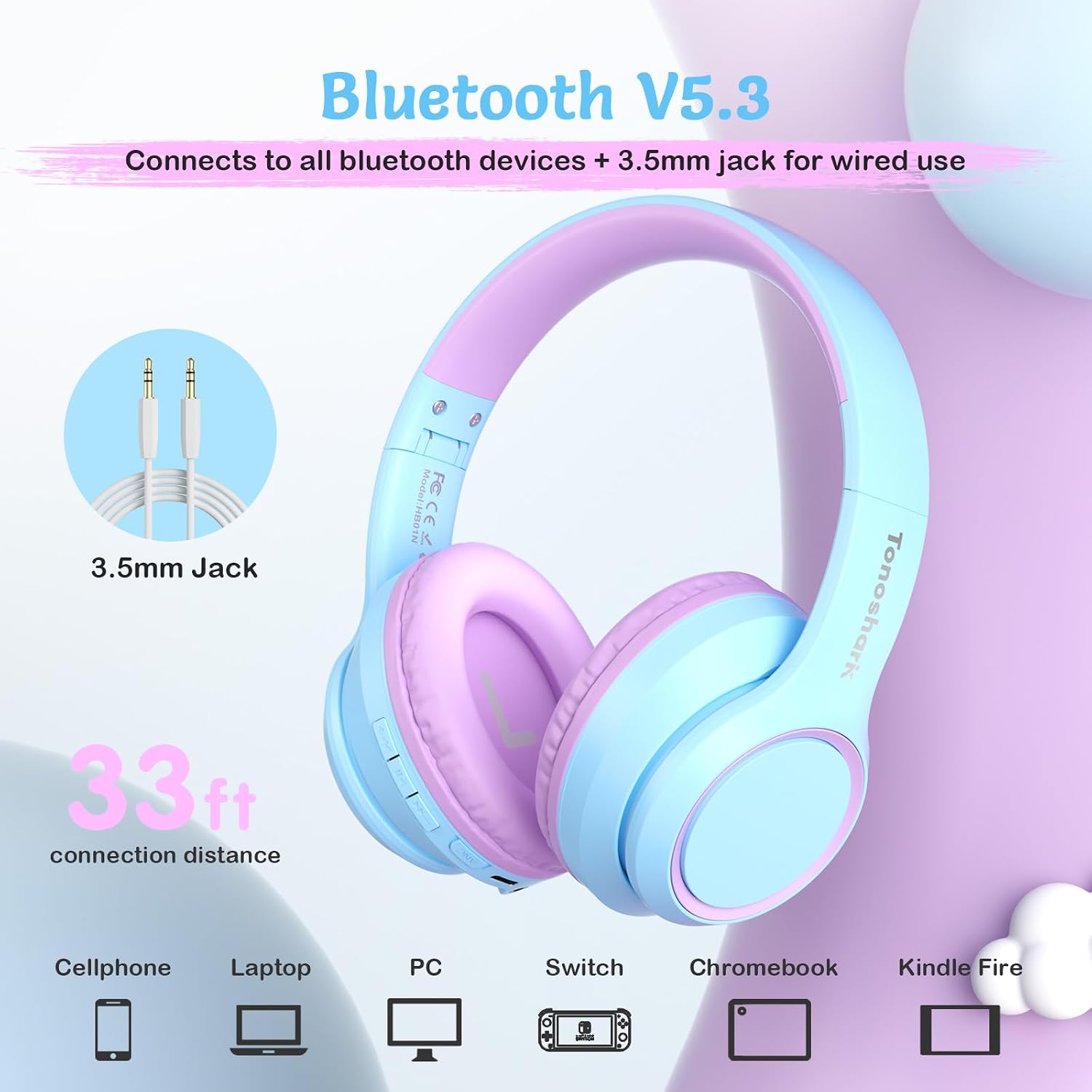 Thumbnail 5 de TONOSHARK Kids Wireless Noise Cancelling Headphones (Blue Purple) with Mic, Foldable Case