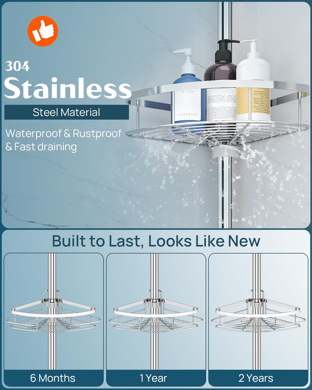 Detalle de SEIRIONE Rustproof Shower Corner Caddy Organizer with Tension Pole, 4 Adjustable Shelves
