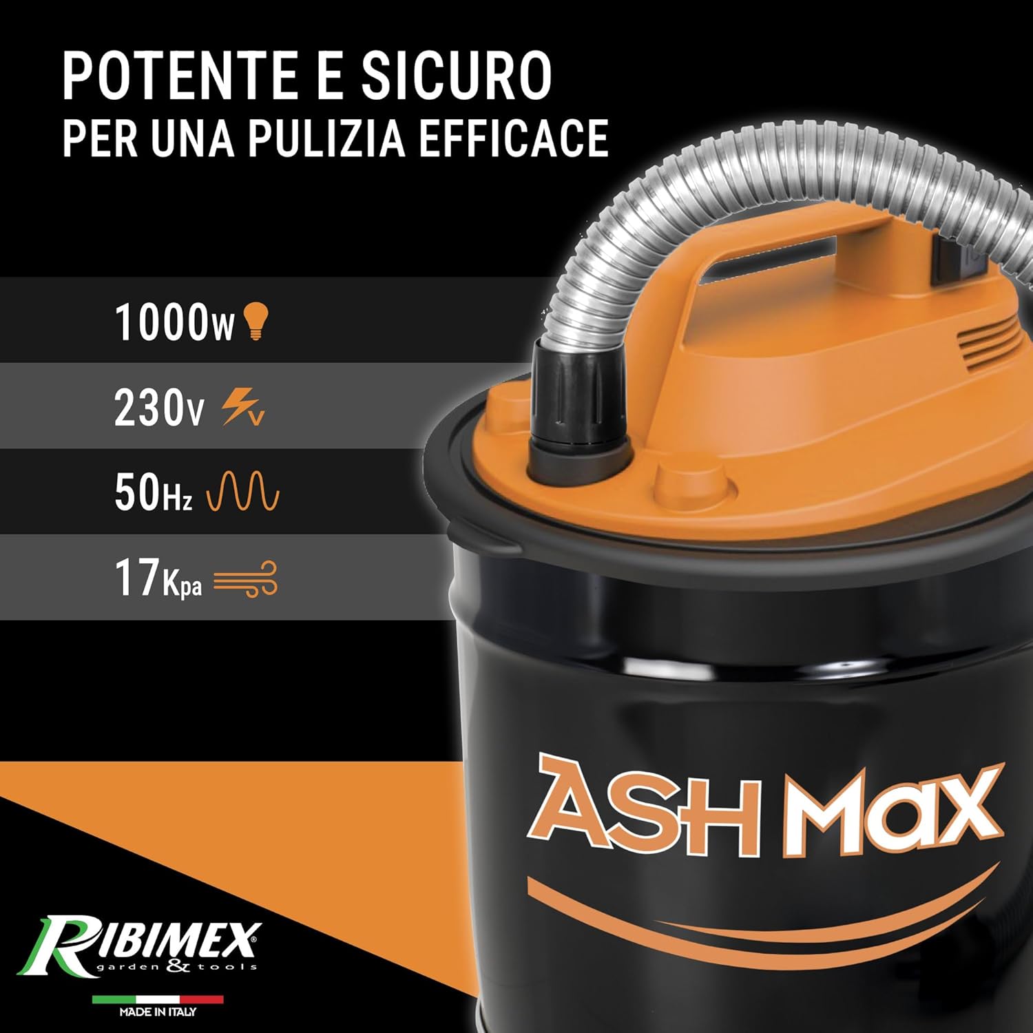 Thumbnail 2 de Ribimex ASHMax: Aspiracenere Elettrico 1000 W con Filtro HEPA lavabile, bidone 18 L, ideale per ceneri fredde