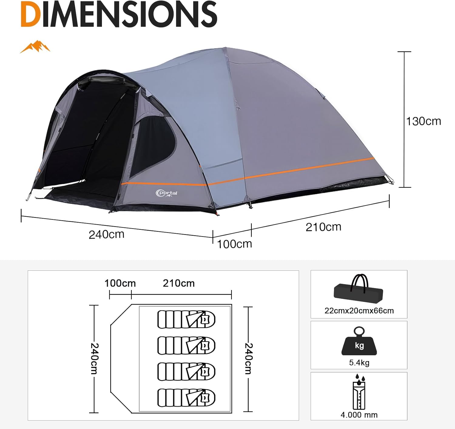 Thumbnail 2 de Portal 3-4 Man Tent with Porch (4000mm waterproof) for outdoor camping and hiking