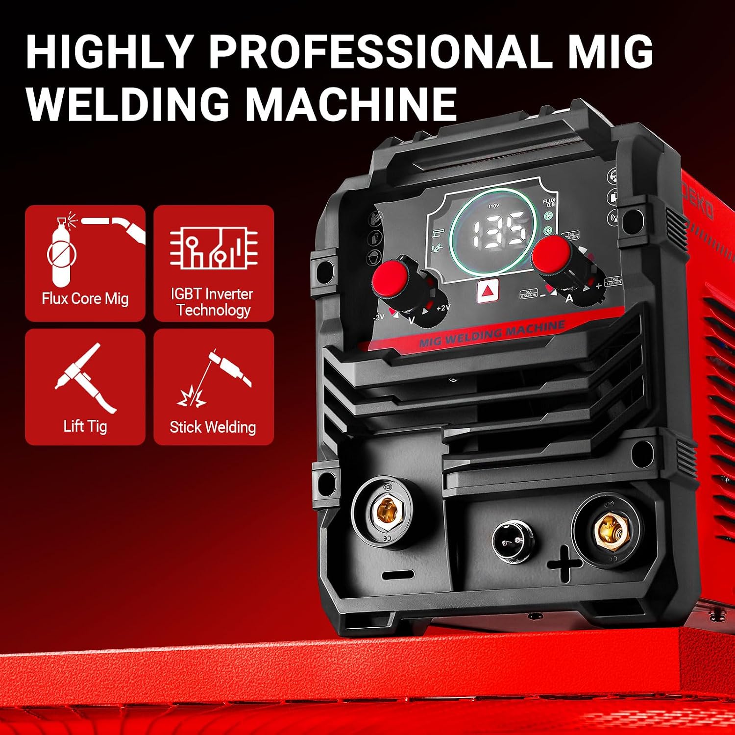 Detalle de DEKO 220V 135A 3-in-1 Saldatrice Inverter MIG/Stick/Lift TIG: compatta, versatile e adatta al fai da te