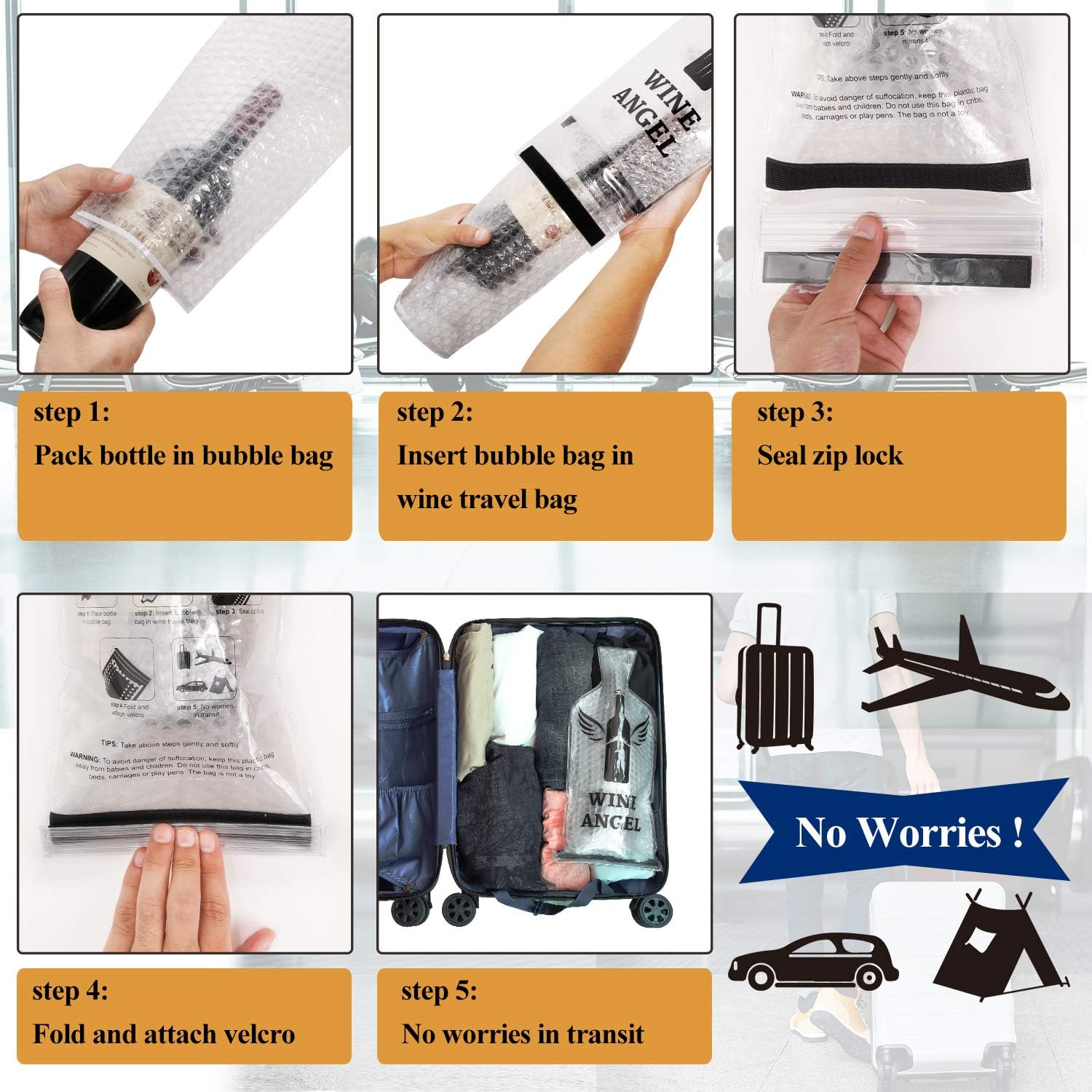 Thumbnail 4 de [UPGRADED PROTECTION] 4 Set (8 pcs) Reusable Wine Bags for Travel – Triple Protection, Leak-Proof Sleeve for Airplane, Car & Cruise
