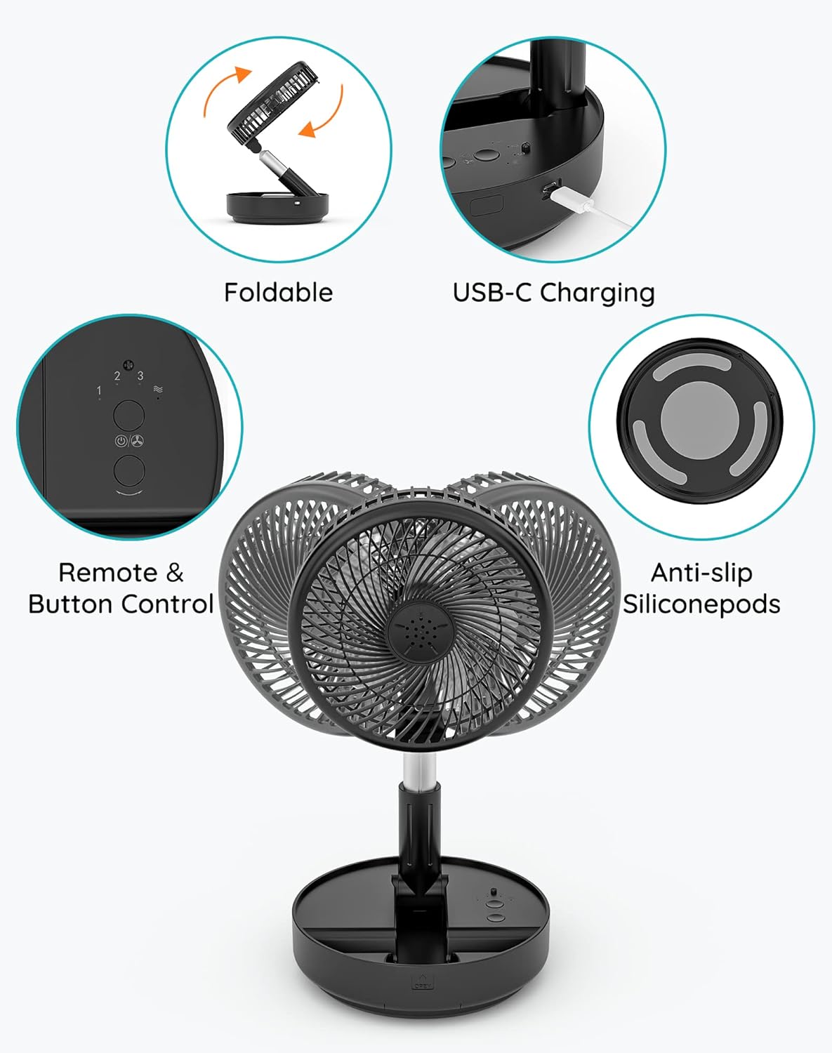 Thumbnail 4 de Primevolve Portable Oscillating Standing Fan with Remote – USB-C rechargeable desk/floor fan, 4 speeds, adjustable height