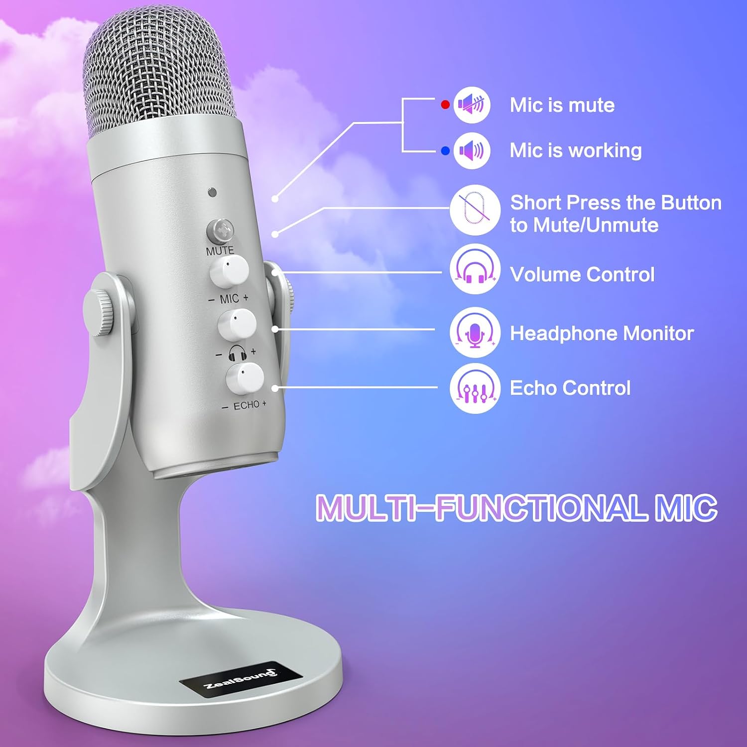 Detalle de ZealSound K66 USB Kondensator-Mikrofon – Plug & Play für PC, Laptop und Handy (Silber)
