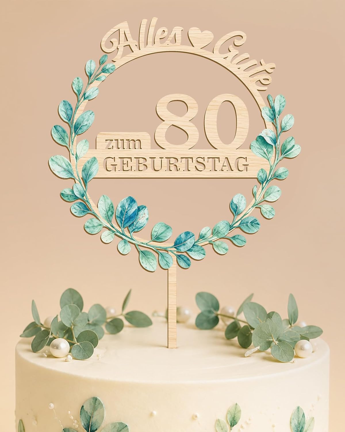 Detalle de Giftota Tortendeko 80 Geburtstag – Eleganter Holz-Cake Topper mit Eukalyptuskranz und LED-Lichterkette