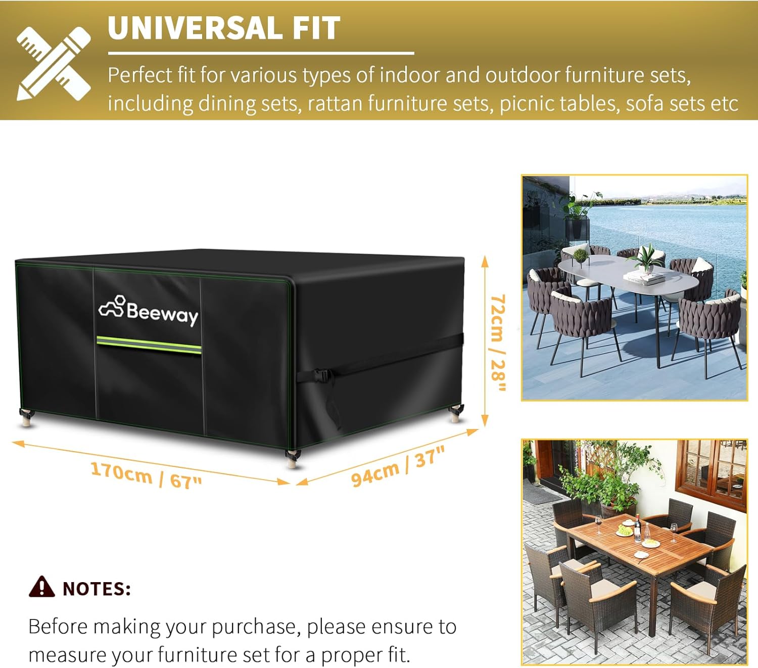 Thumbnail 1 de Beeway Garden Furniture Cover with Air Vent – 170x94x72 cm, Waterproof 420D Oxford, Windproof