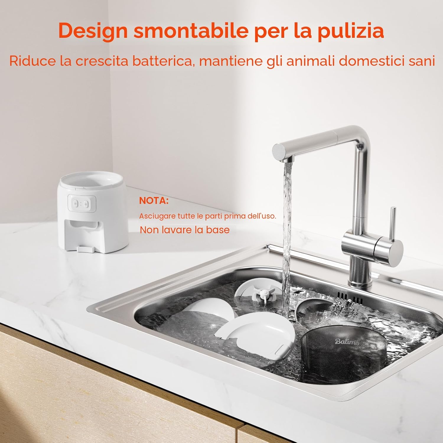 Detalle de Balimo Distributore Automatico Cibo Gatti: controllo WiFi, fino a 10 pasti al giorno, brocca in acciaio e design anti-ingresso