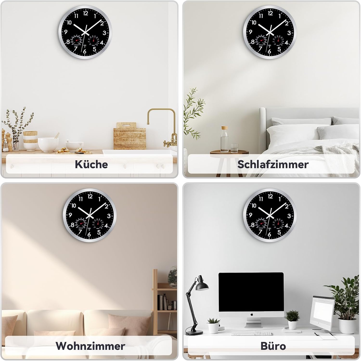 Thumbnail 6 de Epochic Wanduhr Funk mit Temperatur- und Feuchtigkeitsanzeige – Funkuhr Wand, 25 cm, Schwarz, batteriebetrieben