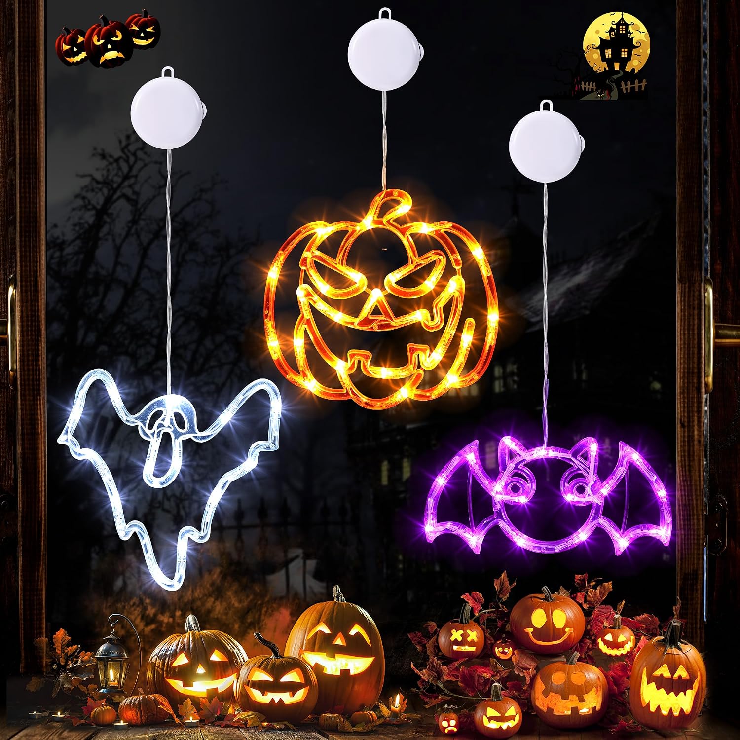Detalle de Joomer Halloween Window Lights, 3-Pack with Ghost, Bat and Pumpkin Designs
