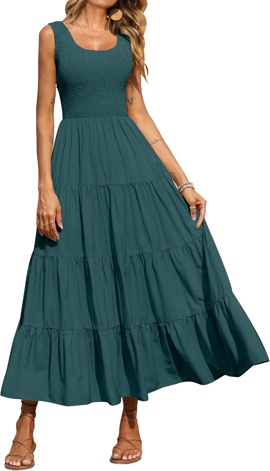 Detalle de PRETTYGARDEN Women's 2026 Casual Maxi Sundress with Smocked Tank Detailing