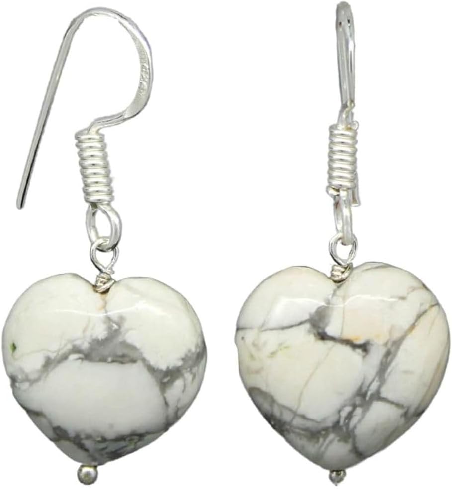Detalle de Gempires Natural Howlite Heart Drop Earrings – Silver Plated, 15 mm Heart Gemstones