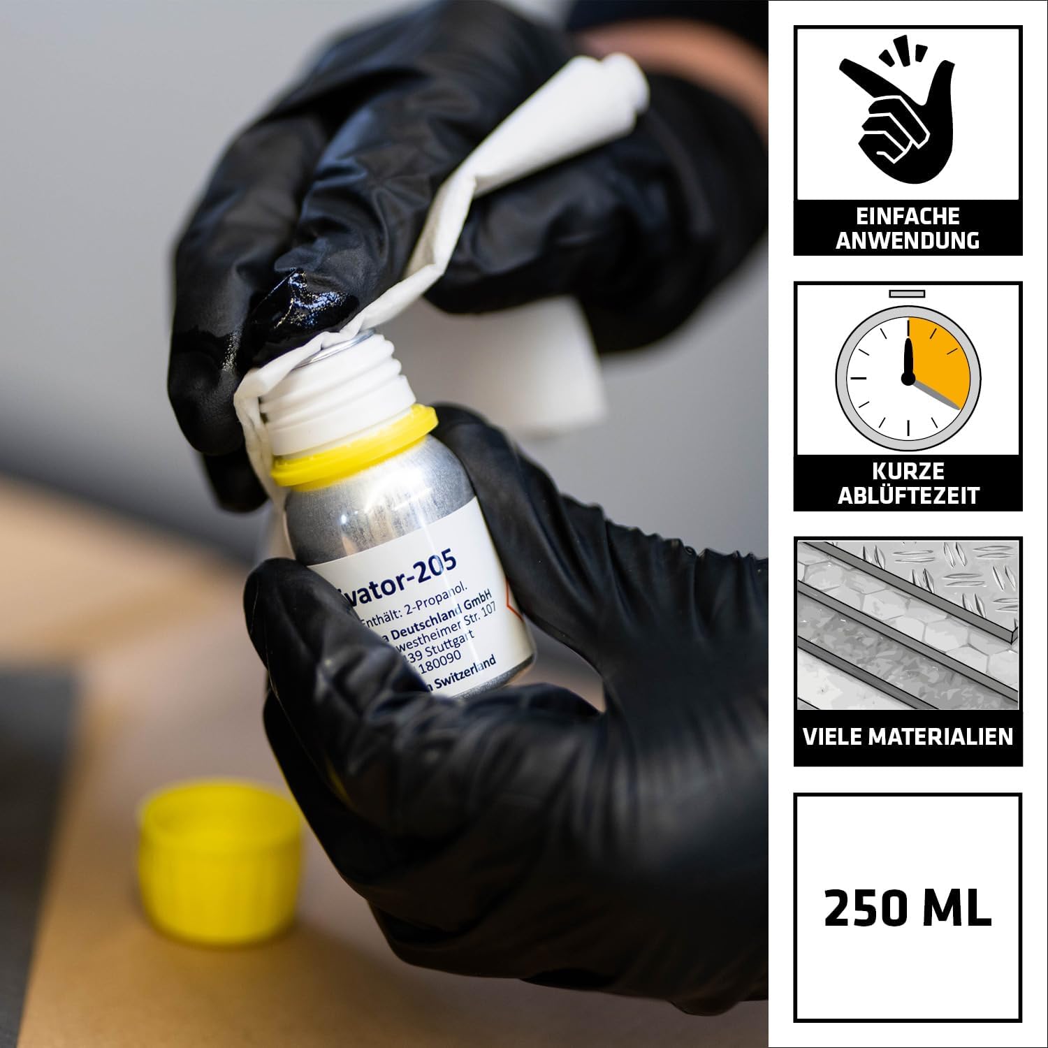 Detalle de Sika Aktivator-205 Transparent: Haftreiniger auf Lösemittelbasis für nicht poröse Untergründe (250 ml)