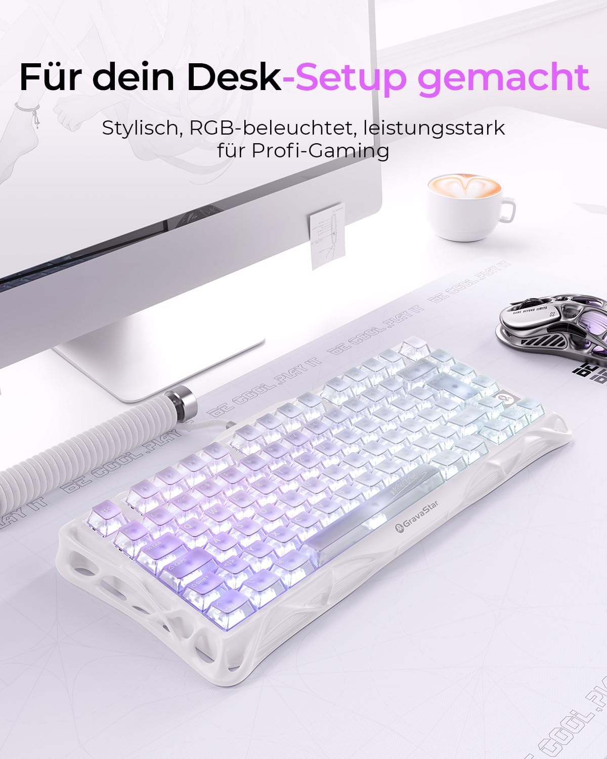 Detalle 2 de GravaStar Mercury K1 Lite 75% Gaming Tastatur – QWERTZ, Drahtlos Tri-Mode, RGB Crystal Aurora