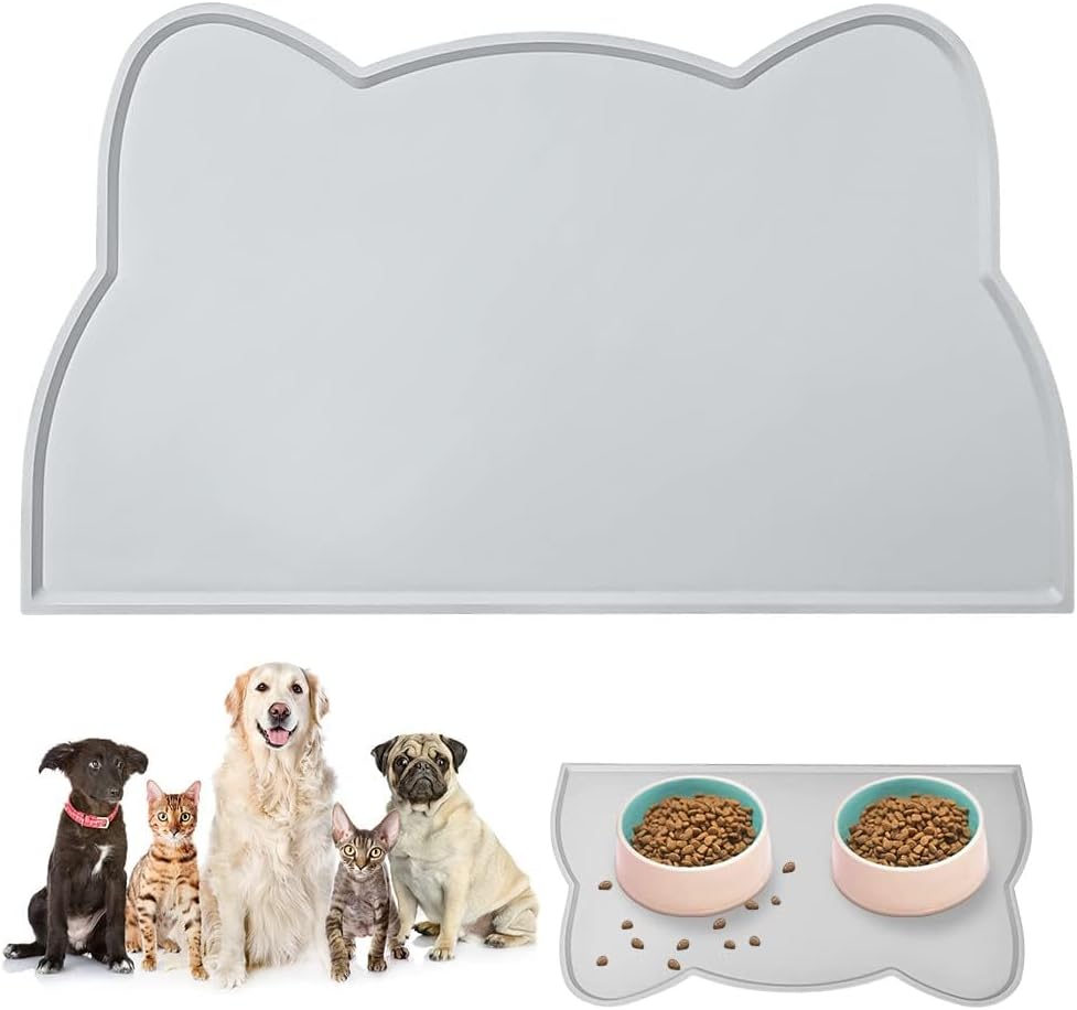 Detalle de VSSHE Tappetino Ciotola per Cani e Gatti in Silicone 44 x 25 cm – Antiscivolo e Impermeabile, Grigio