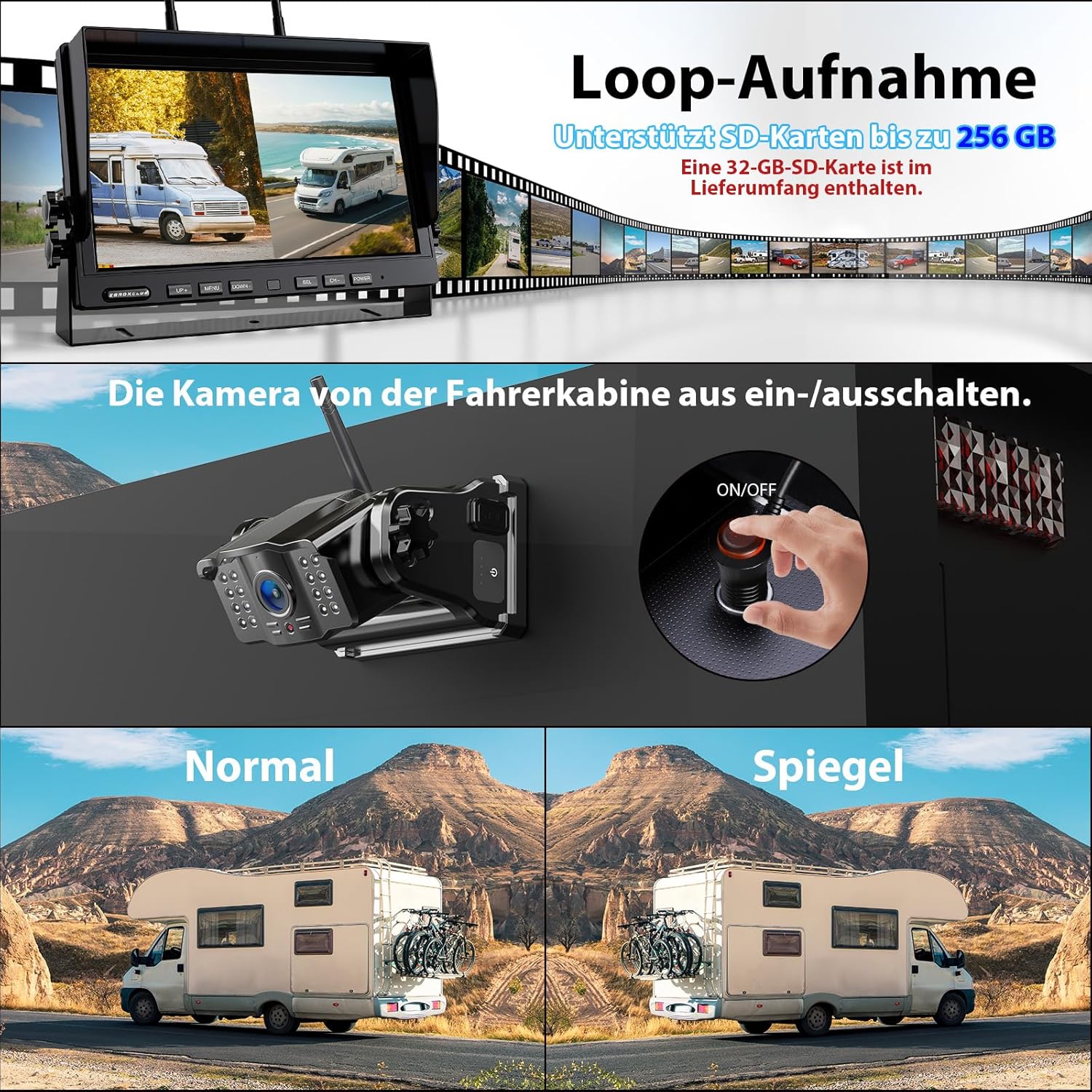 Detalle de 2 magnetische Rückfahrkamera Kabellos mit 10 Zoll IP69K Monitor – 1080P, 9600 mAh Akku, 1-Min Einrichtung