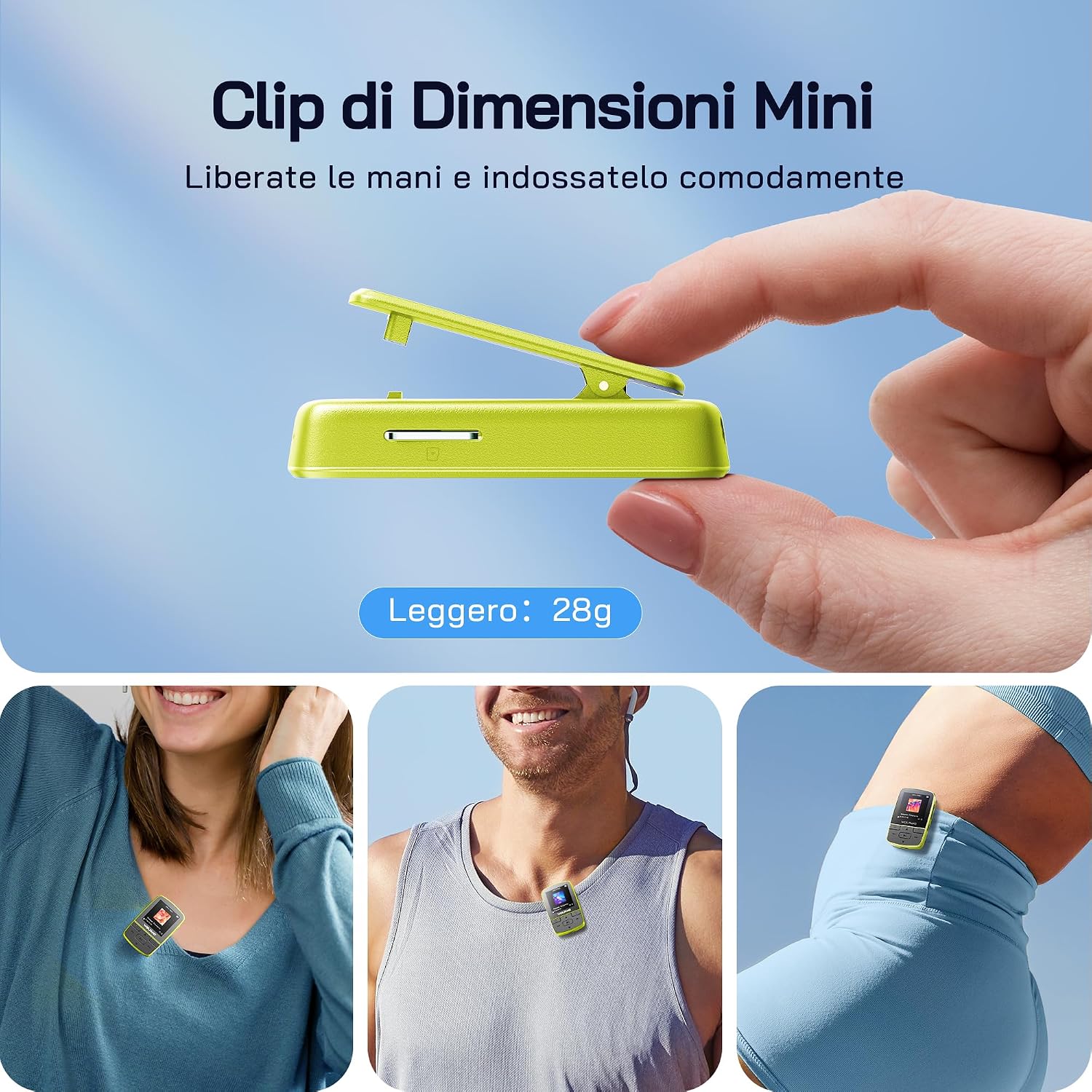 Detalle de Lettore MP3 WOLFANG con Bluetooth 5.2 e clip sportiva: compatto, versatile e pensato per chi è sempre in movimento
