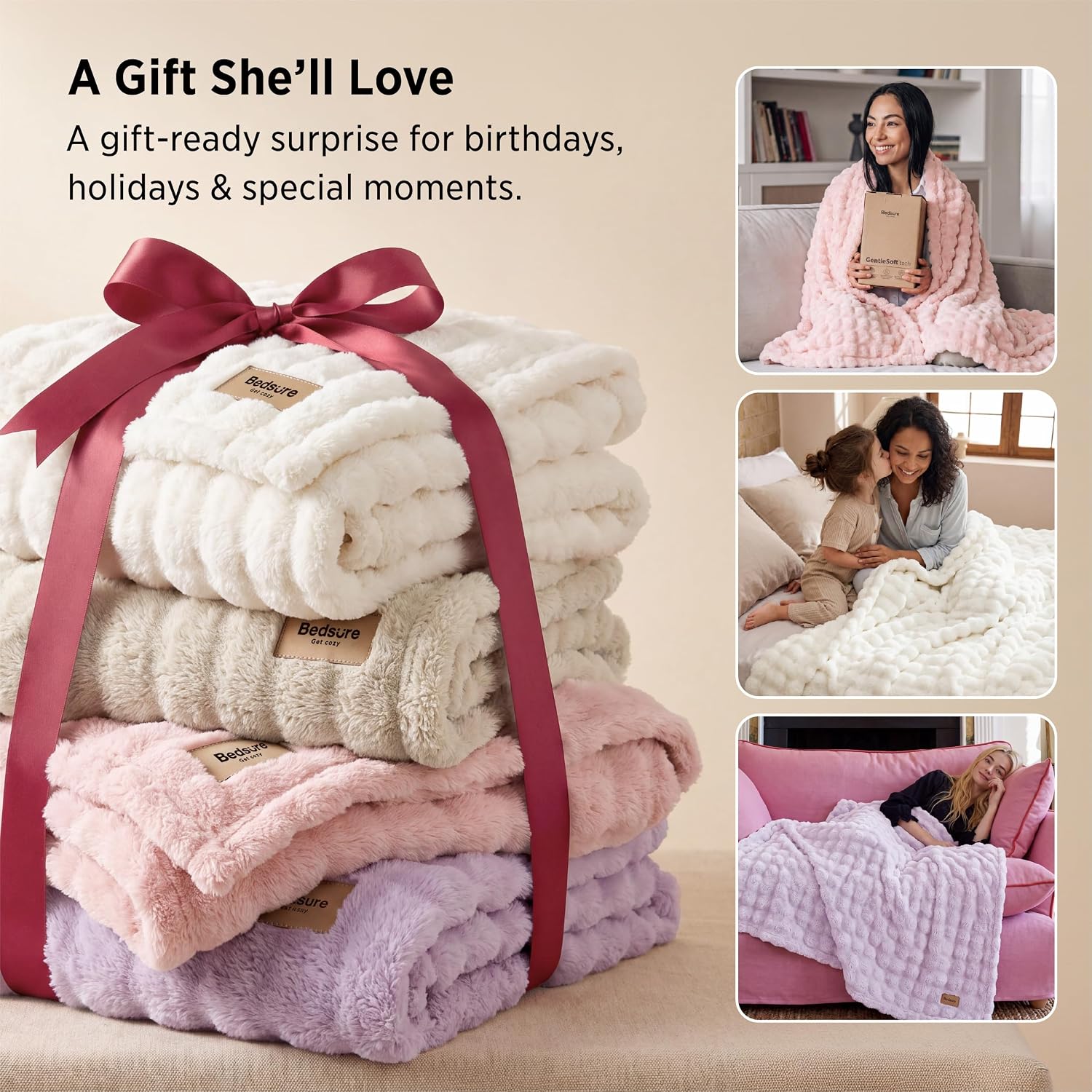 Detalle 2 de Bedsure Bubble Throw Blanket, Queen 90" x 90", Light Purple 3D Texture