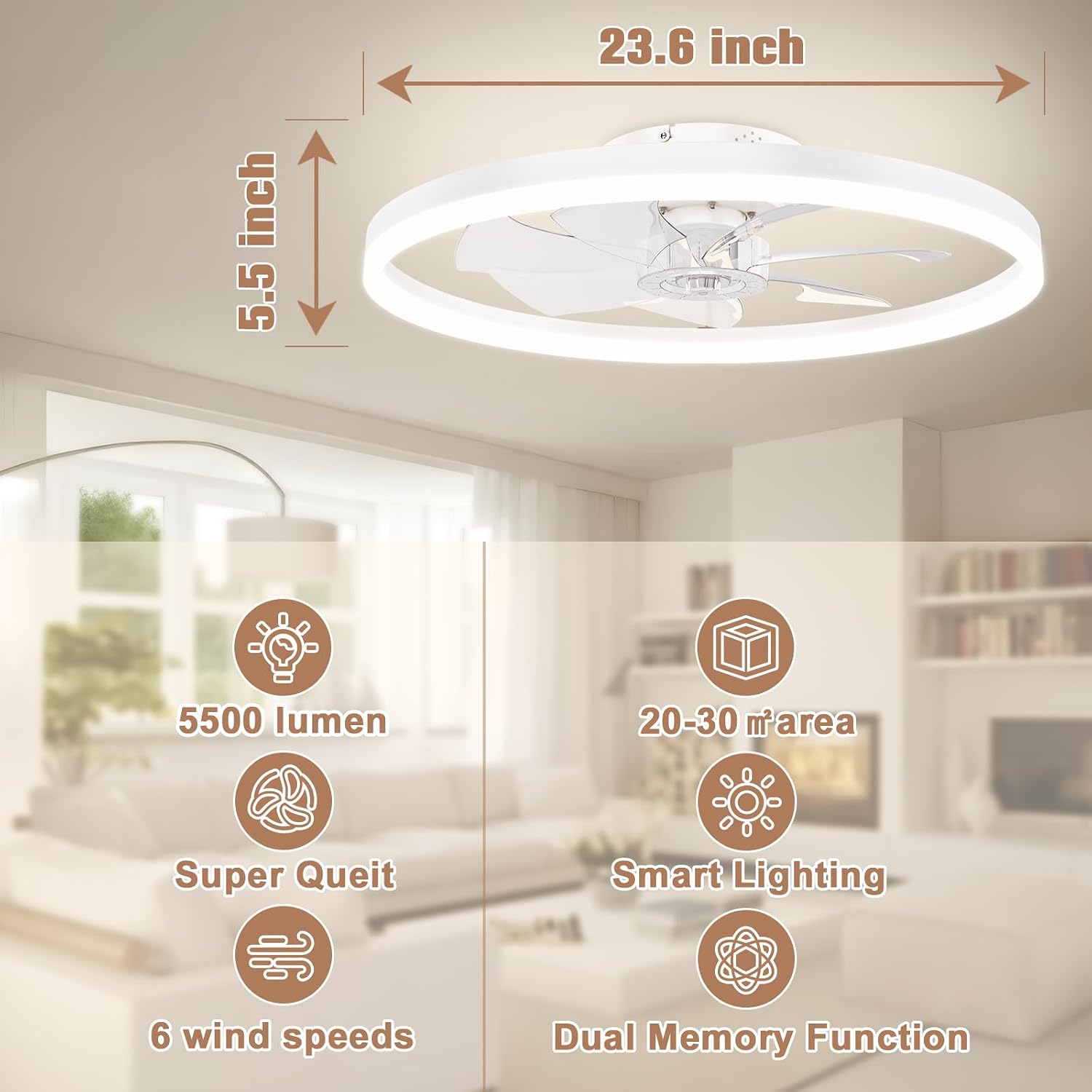 Detalle de VOLISUN 2170601ZM Low-Profile Ceiling Fan with Light, Remote and 6 Speeds