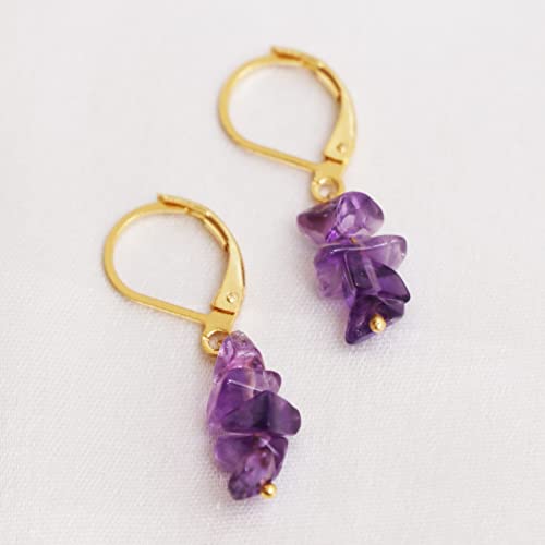 Detalle 2 de Gempires Amethyst Chip Leverback Hoop Earrings – 14K Yellow Gold Plated Handmade Gemstone Hoops