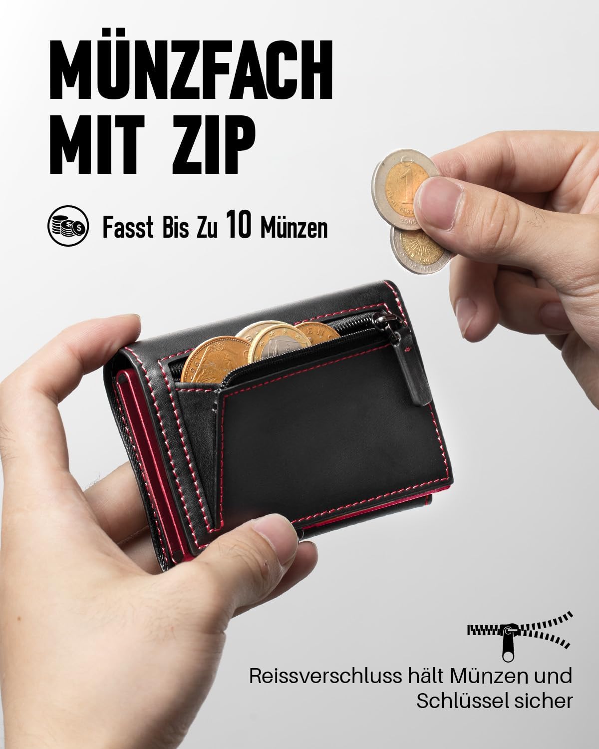 Detalle de MYSHION Herren-Geldbörse mit Münzfach, RFID-Schutz und Pop-up-Kartenfach (Schwarz/Rot)