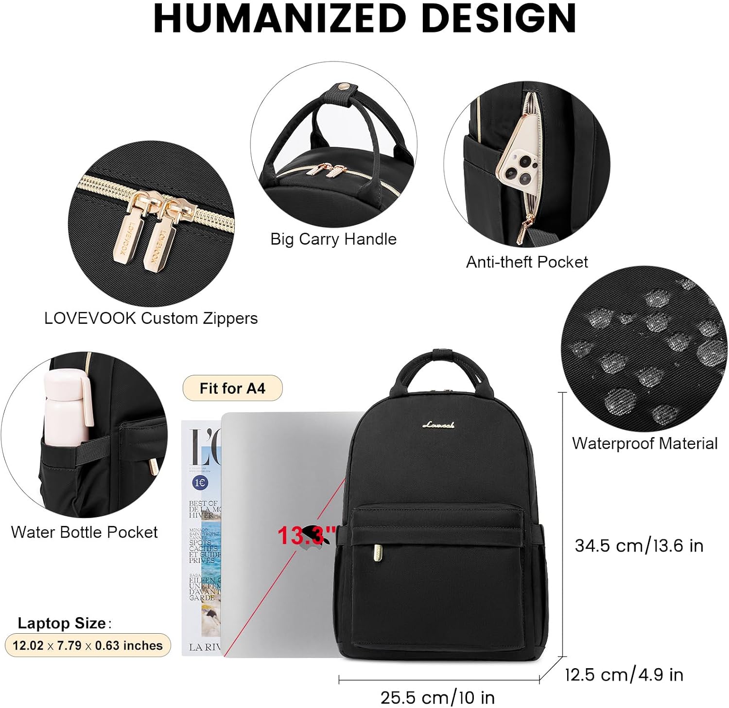 Detalle de LOVEVOOK Women’s 13.3-inch Laptop Backpack – Small waterproof fashion daypack