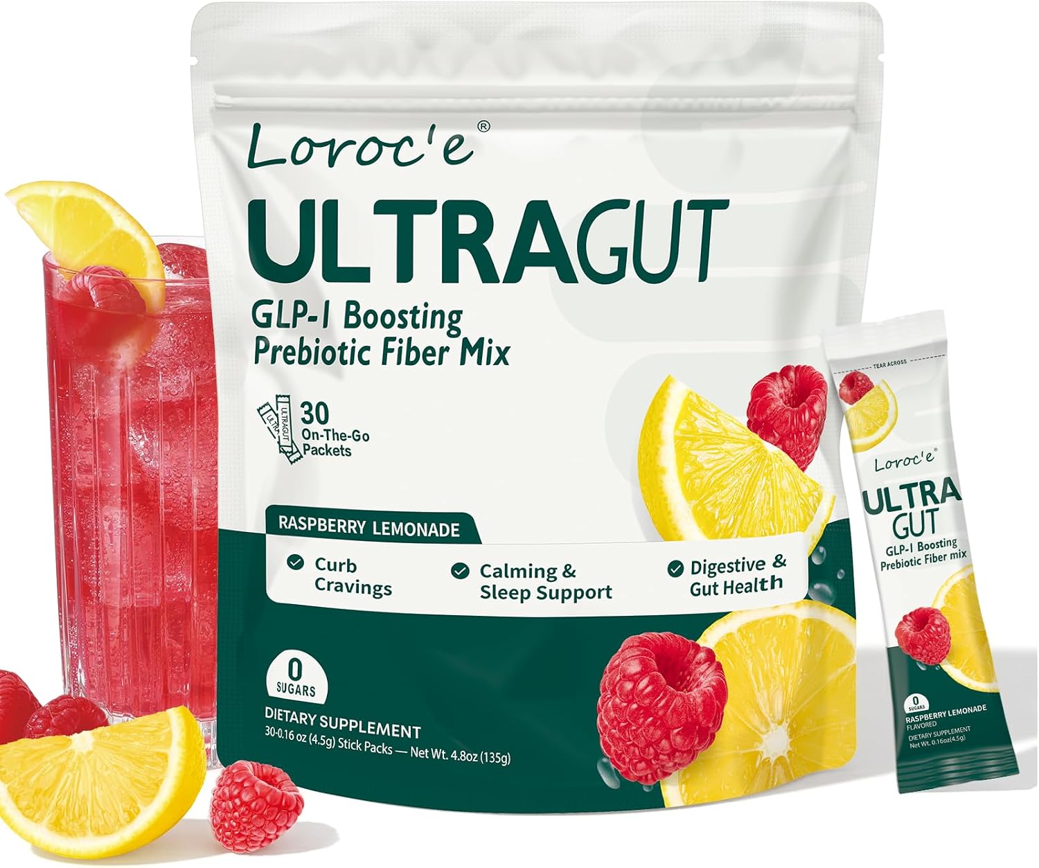 Detalle de Loroc'e UltraGut GLP-1 Booster Fiber Drink, Raspberry Lemonade, 30 Servings