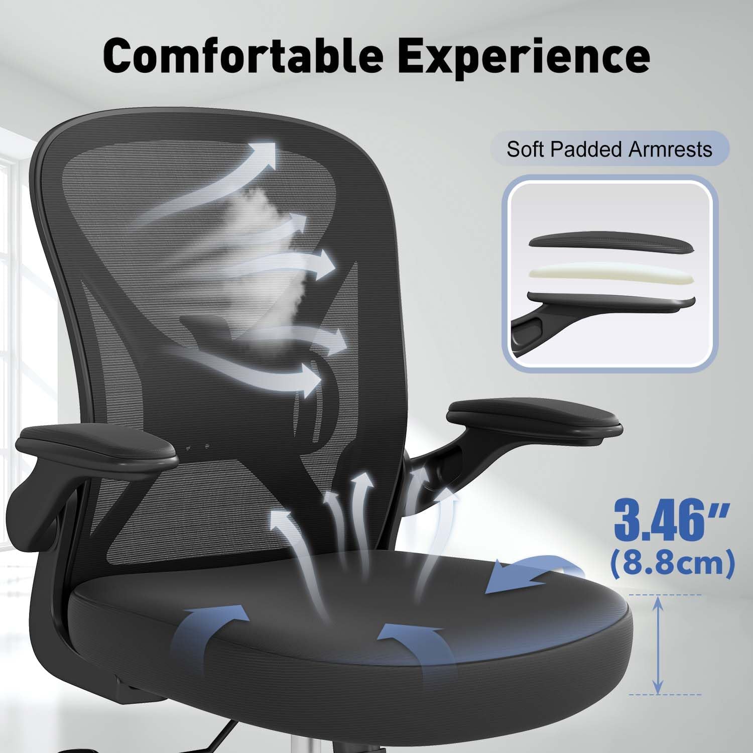 Thumbnail 3 de ZZH Ergonomic Mesh Office Chair with Adjustable Lumbar Support & Flip-up Arms (Black)