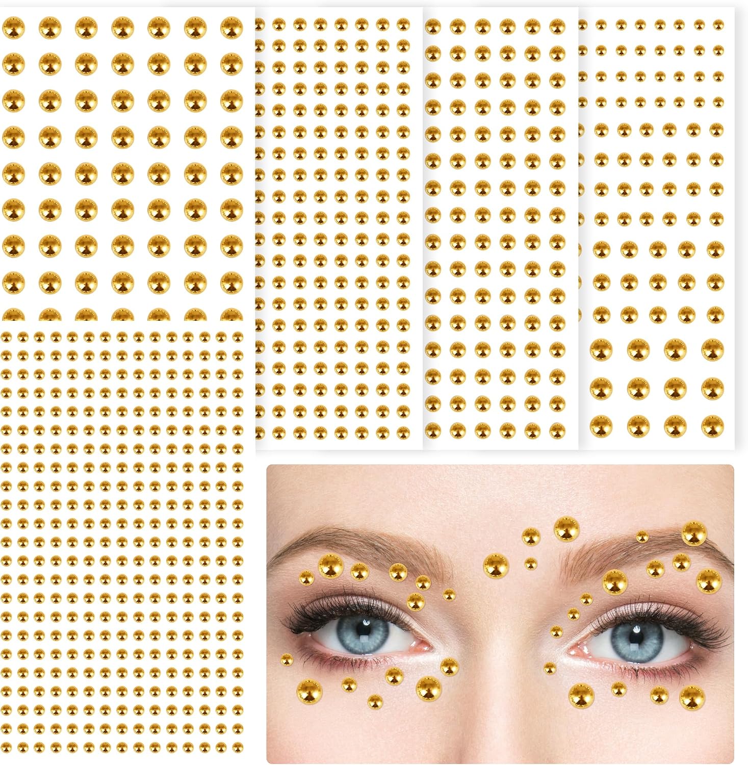 Detalle de FEMBW Brillantini Viso Strass Adesivi – 5 Fogli 973 Pezzi Oro
