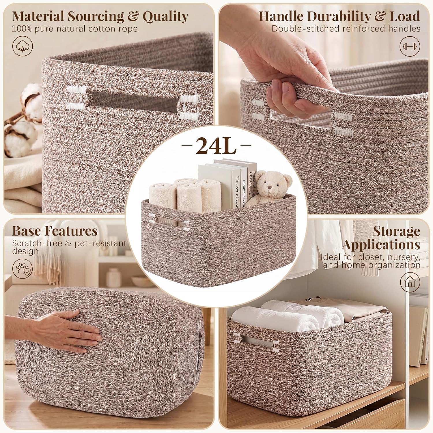 Detalle de OIASKET SLB-C-C-05 Cotton Rope Storage Baskets, 4-Pack, Linen Brown