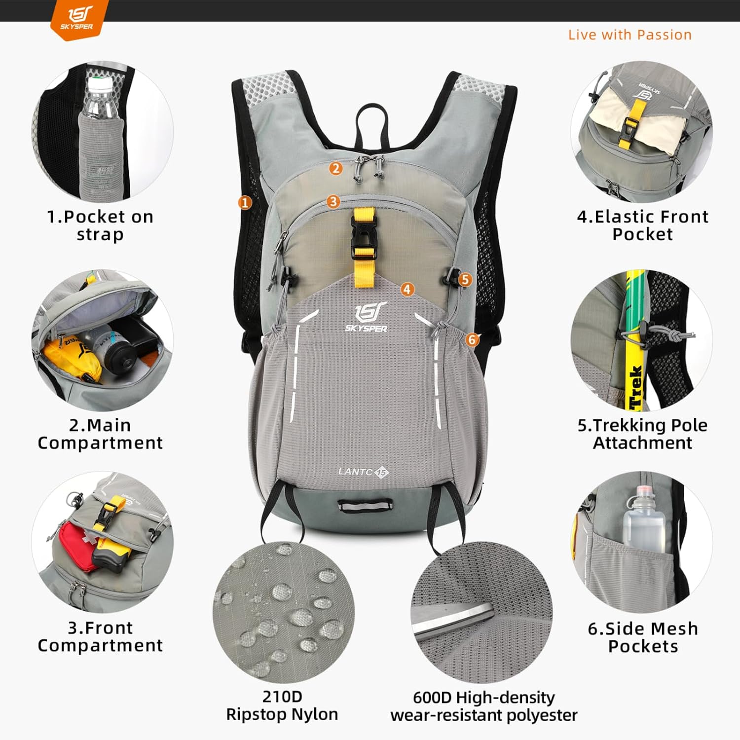 Detalle de SKYSPER Wanderrucksack 15L für Herren – leichter Tagesrucksack aus Ripstop-Nylon, hellgrau