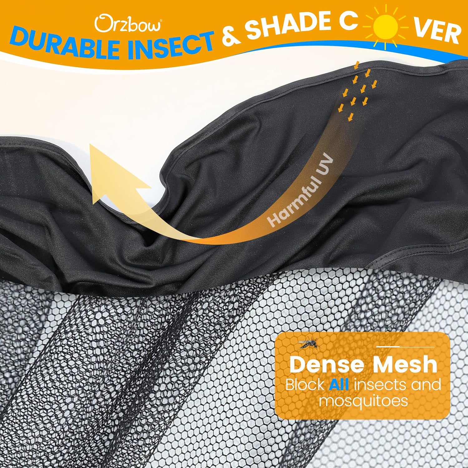 Detalle 2 de Orzbow Universal Mosquito Net for Pram (Black) with UPF 50+ Sunshade & Two-Way Zipper
