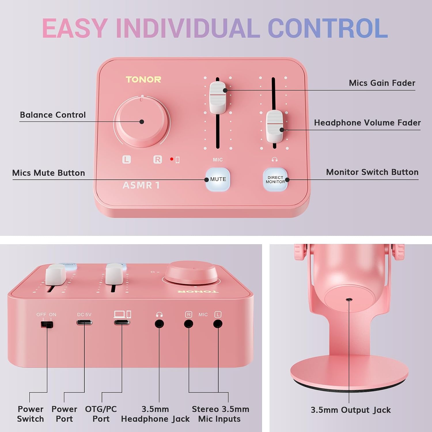 Detalle de TONOR ASMR ONE microphone kit with dual mics, stereo sound and mixer