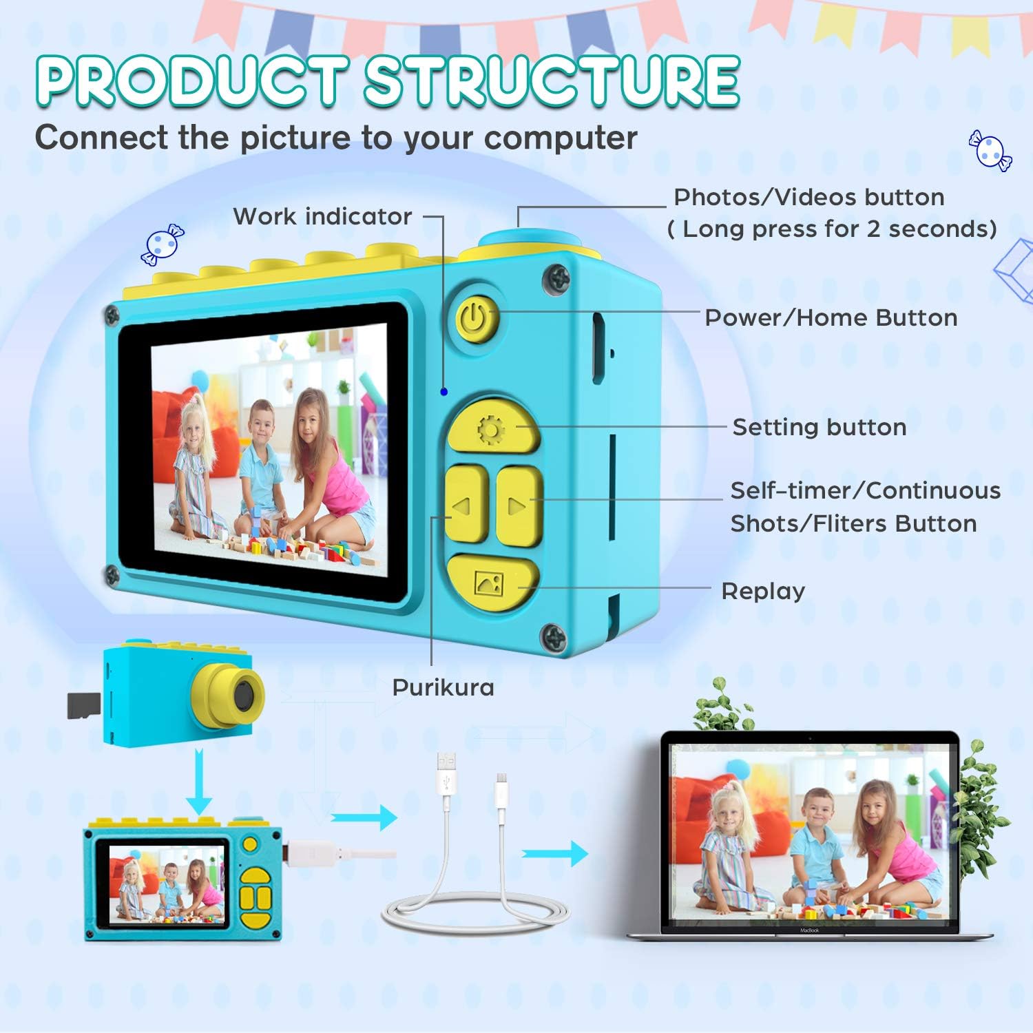 Thumbnail 5 de ShinePick Fotoapparat – Kinderdigitalkamera mit 8 MP, HD 1080P und 32 GB Micro SD