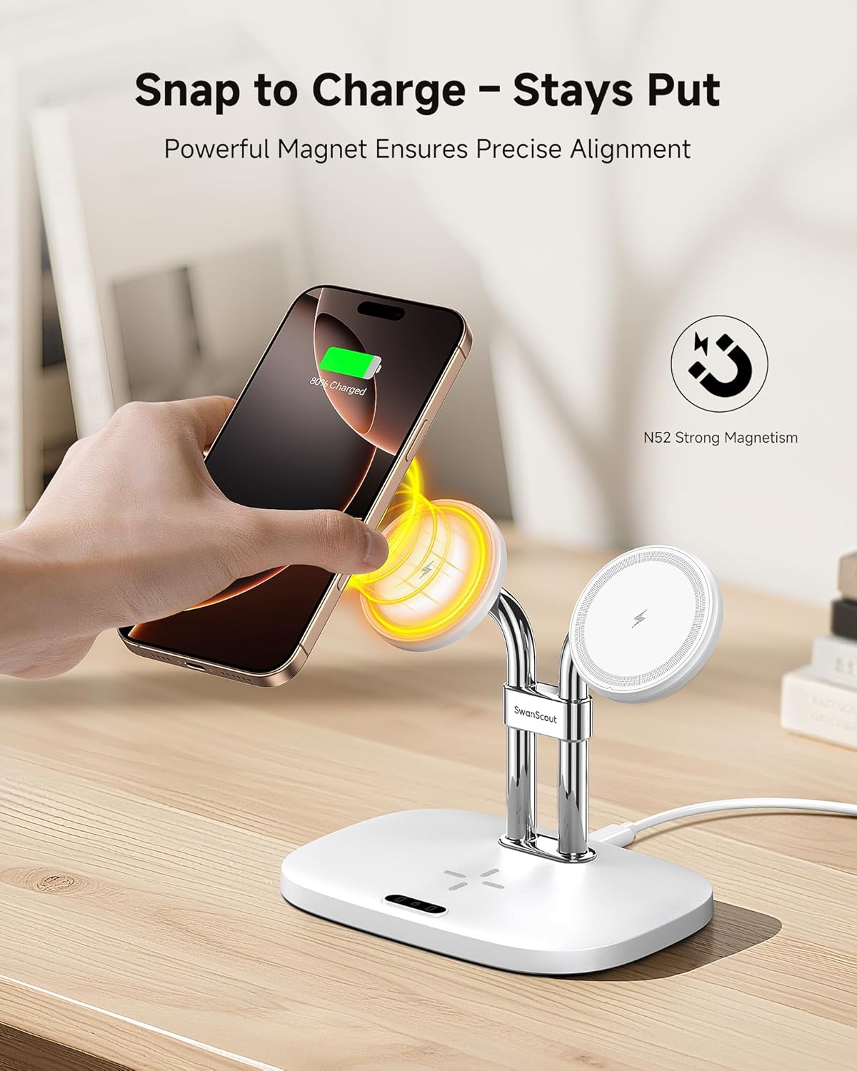Thumbnail 2 de SwanScout Dual Magnetic Charger 706M (White): 3-in-1 Magnetic Wireless Charger for iPhone 12–17 and AirPods Pro