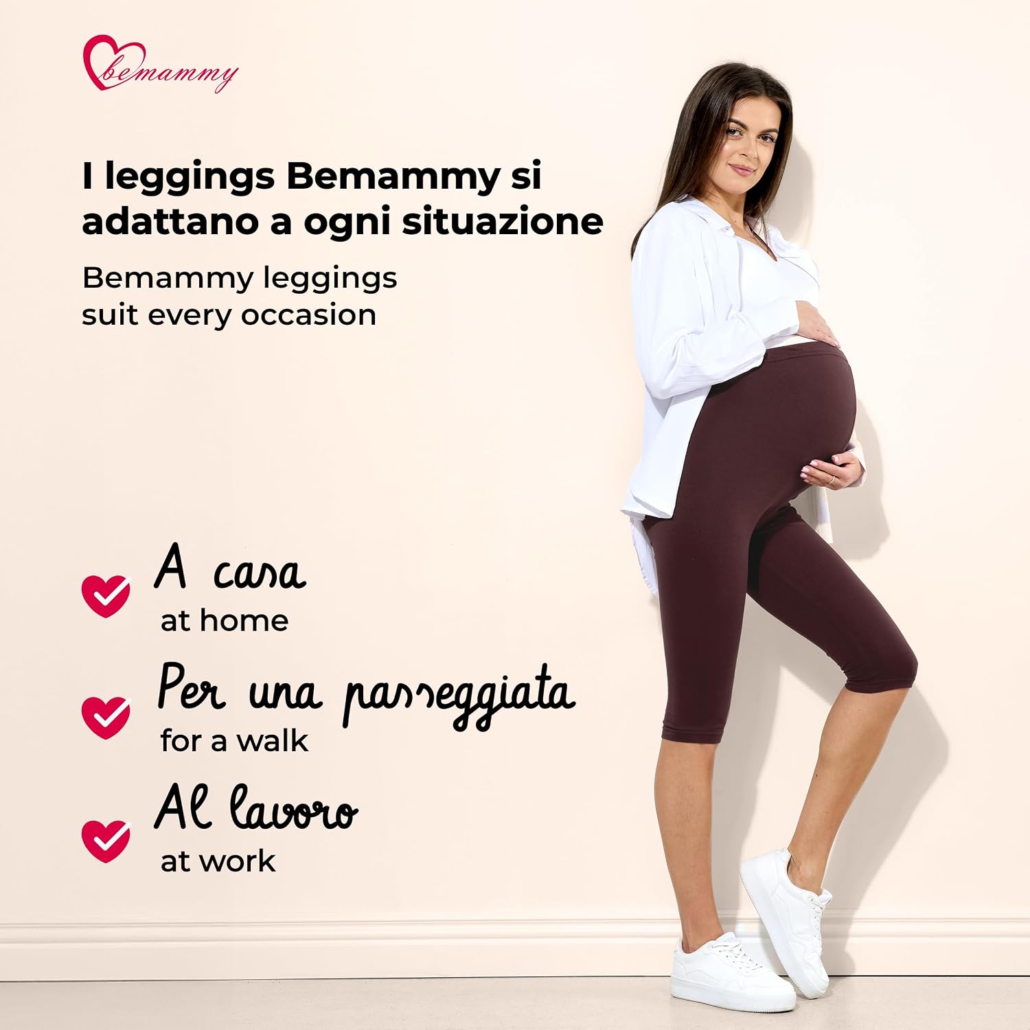 Detalle de Be Mammy Leggings premaman 3/4 BE20-229 a vita alta in cotone