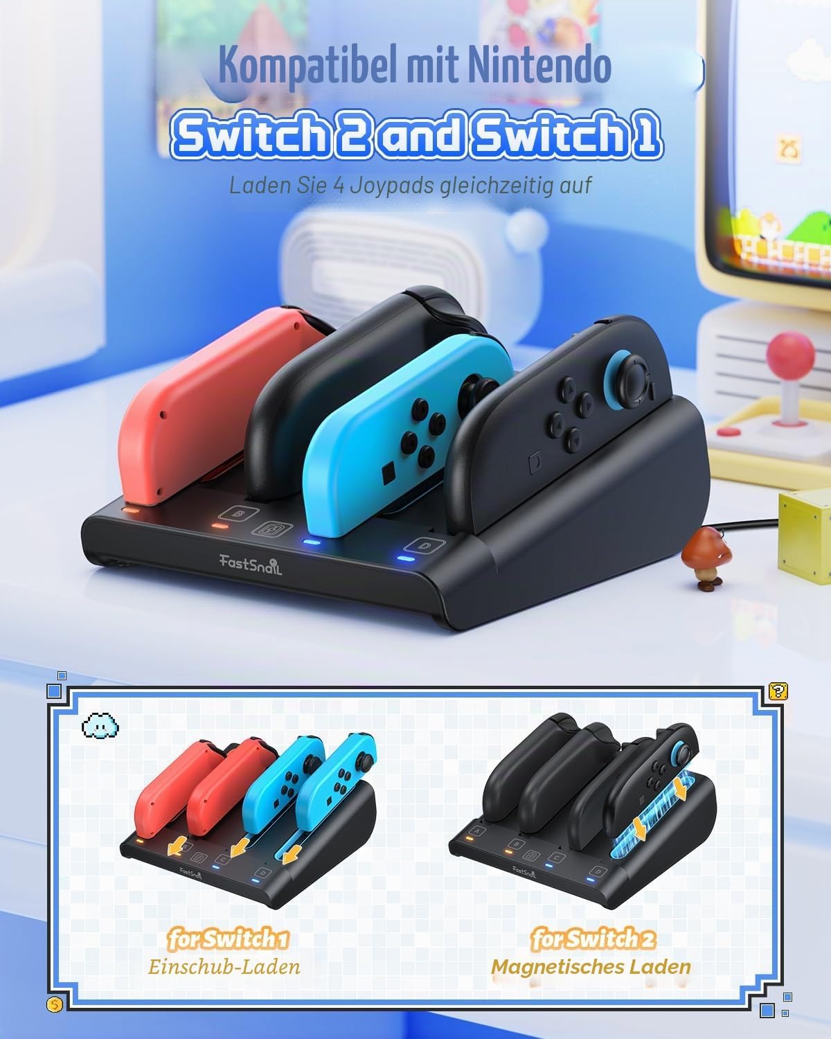 Thumbnail 2 de [Switch1/2 Kompatibel] FASTSNAIL 8-in-1 Ladestation für Nintendo Switch 2 & 1/OLED – Magnetisch & Einschub