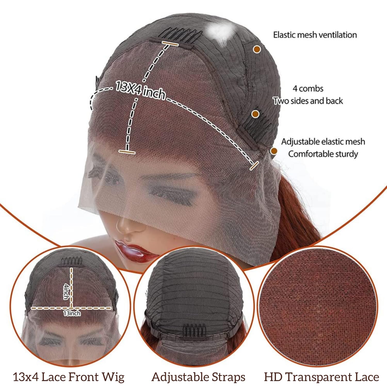 Detalle de AAKJJ Deep Wave Lace Front Wig — 34 Inch, 13x4 HD Lace, Copper Auburn, 200% Density, 100% Human Hair