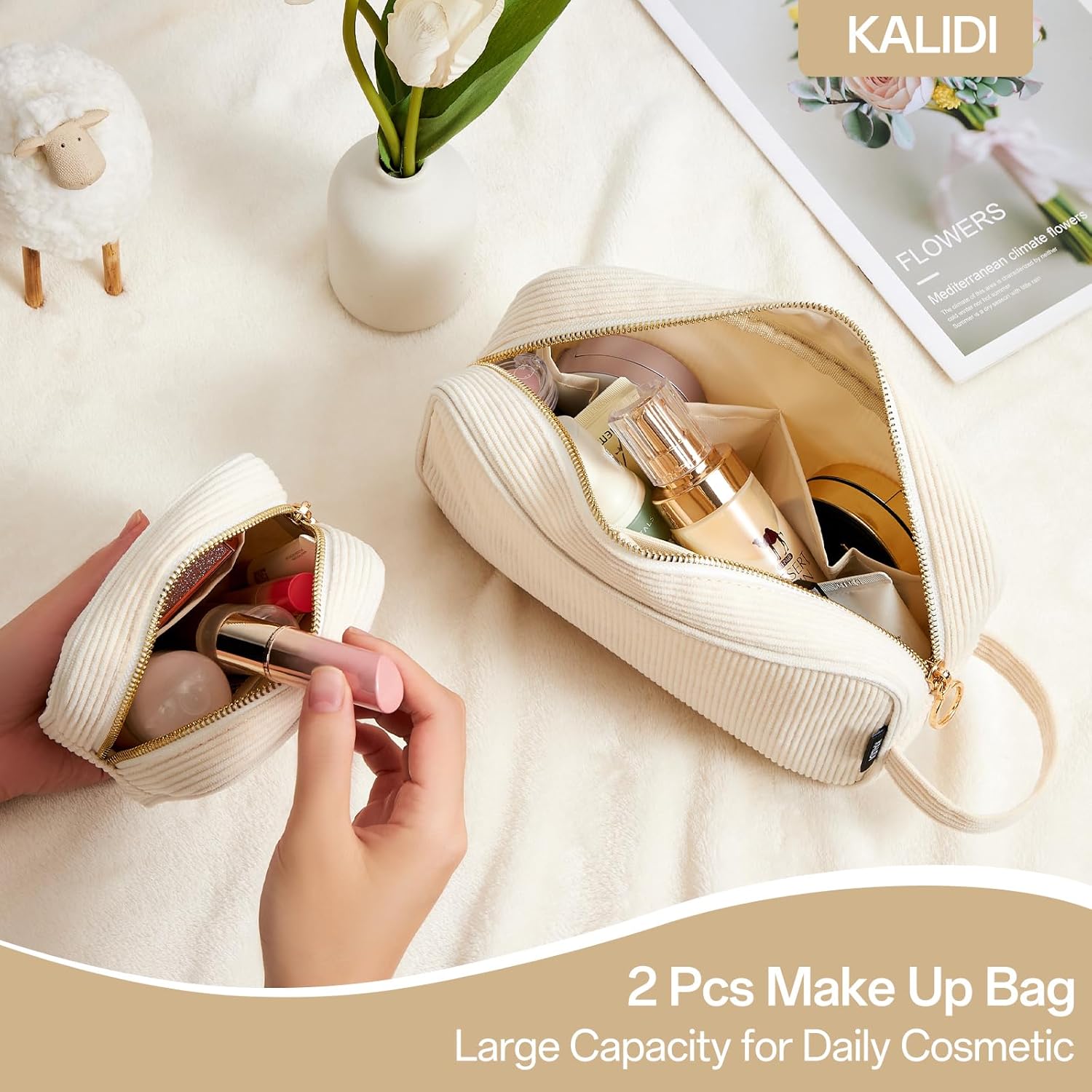 Detalle 2 de KALIDI Corduroy Cosmetic Bag for Women – Portable Make Up Organiser