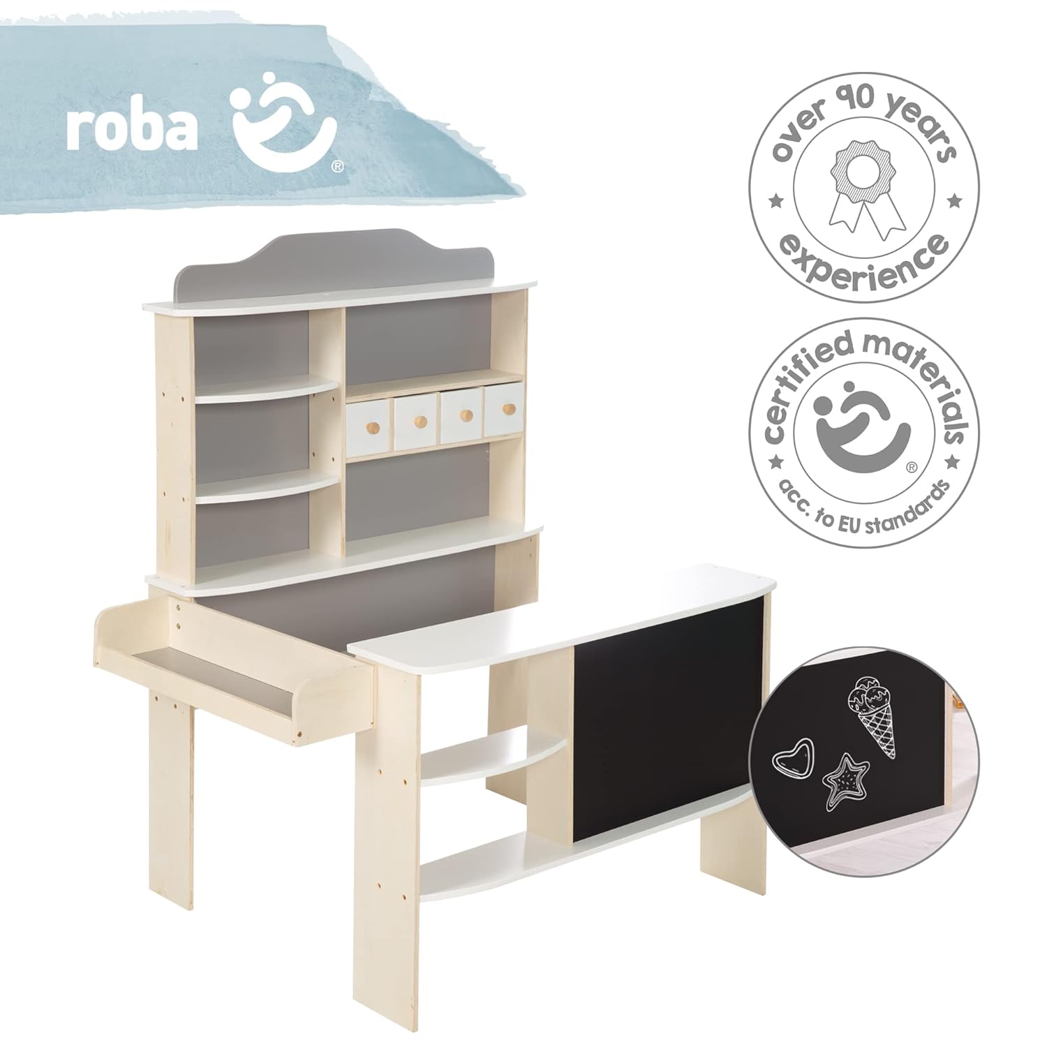 Detalle de roba Kaufladen Holz natur, weiß/grau lackiert – 4 Schubladen, Tafel, Theke & Seitentheke