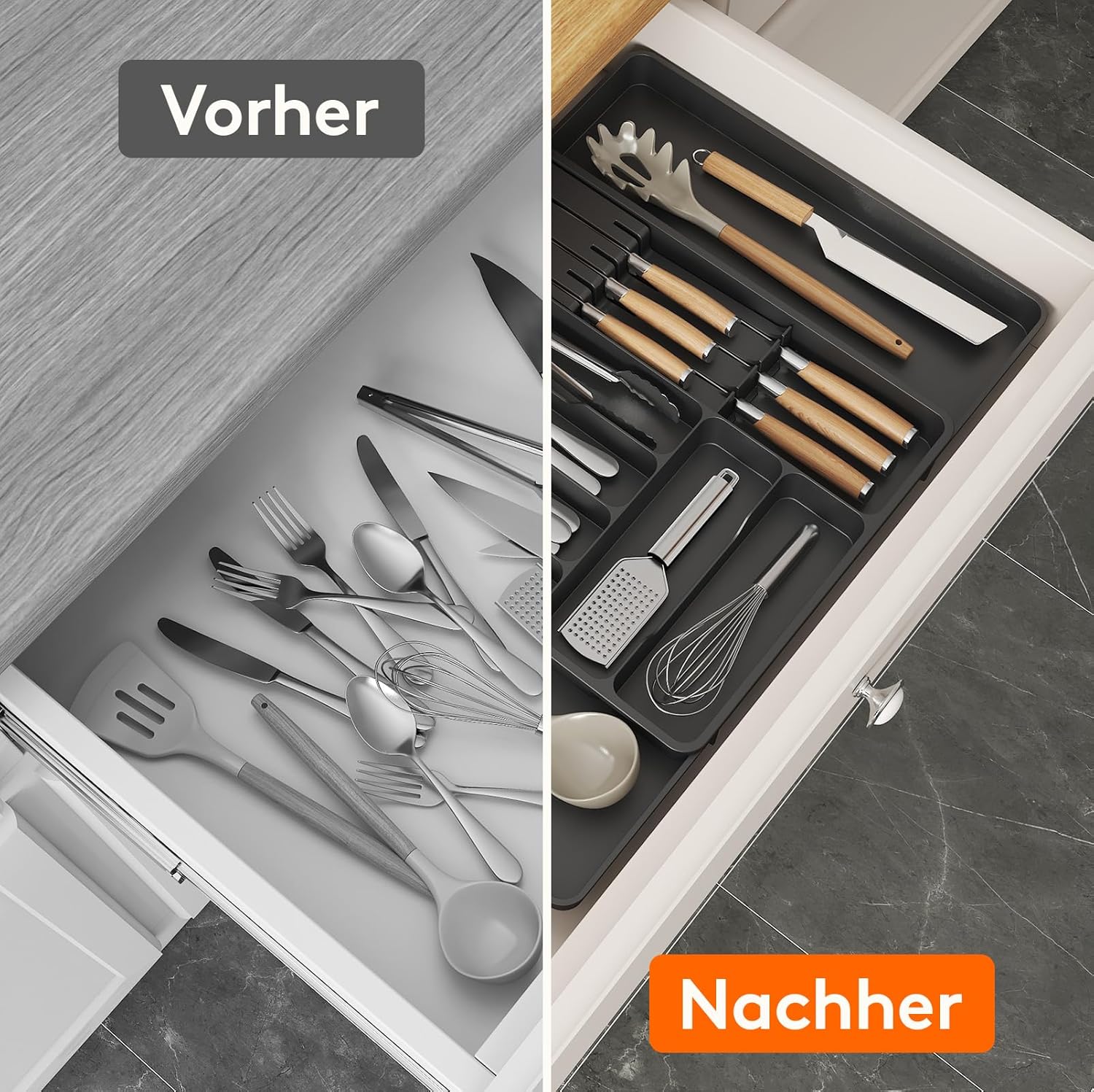Thumbnail 5 de Lifewit verstellbarer Besteckkasten aus Kunststoff für Schubladen – 40 cm Tiefe, erweiterbar, 9 Fächer