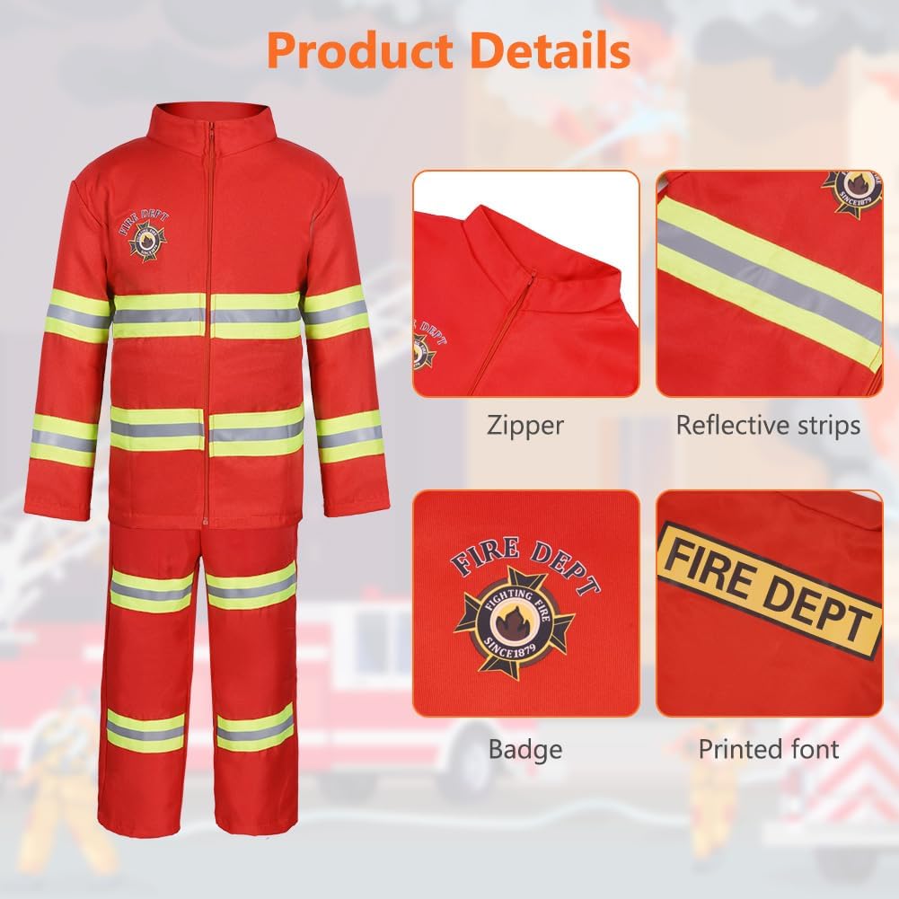 Detalle de AYBUY Costume da pompiere per bambini 8 pezzi rosso con accessori per giochi d’imitazione