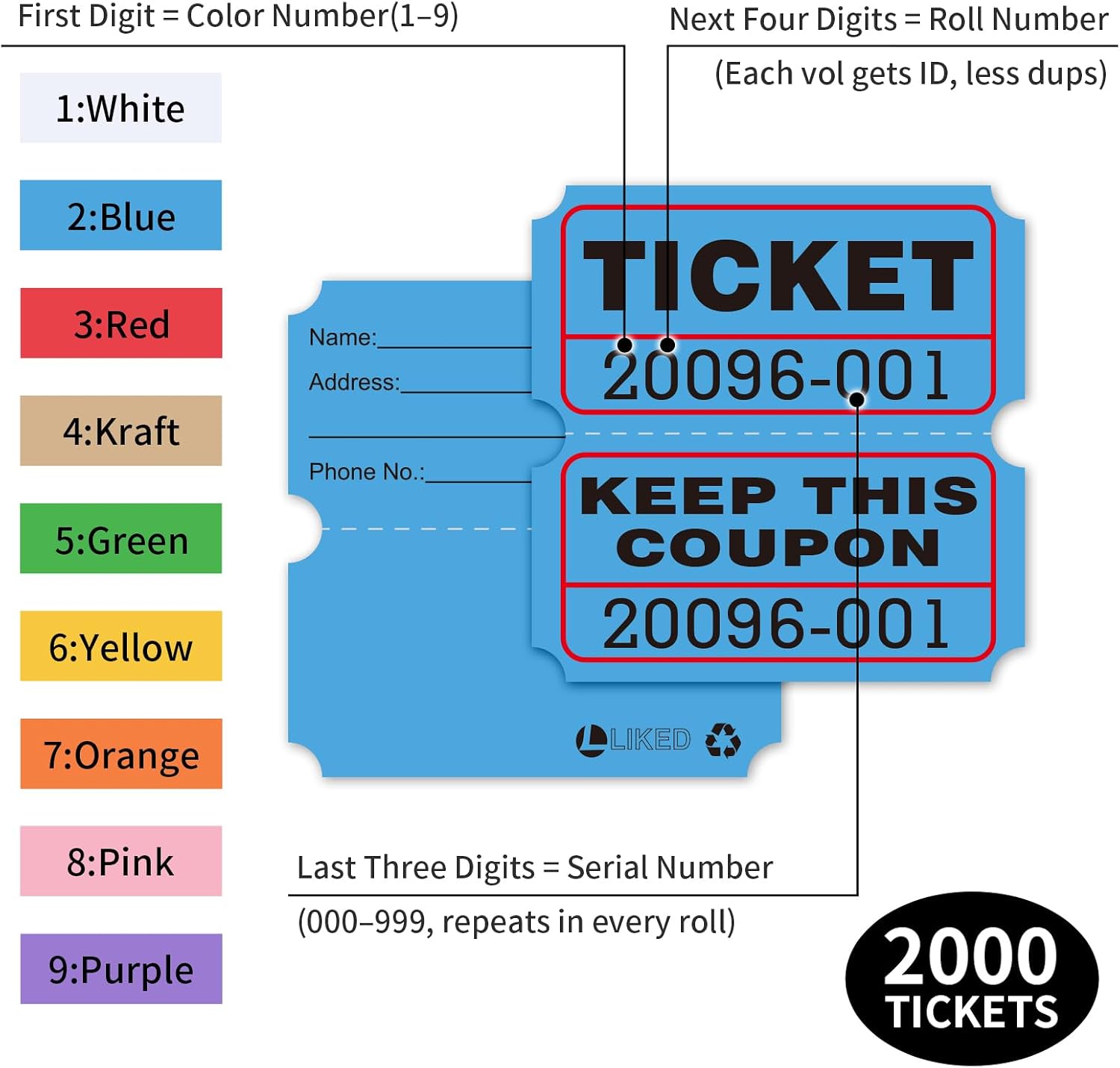 Thumbnail 1 de L LIKED 2000 Raffle Tickets Double Rolls 50/50 – Blue & Red