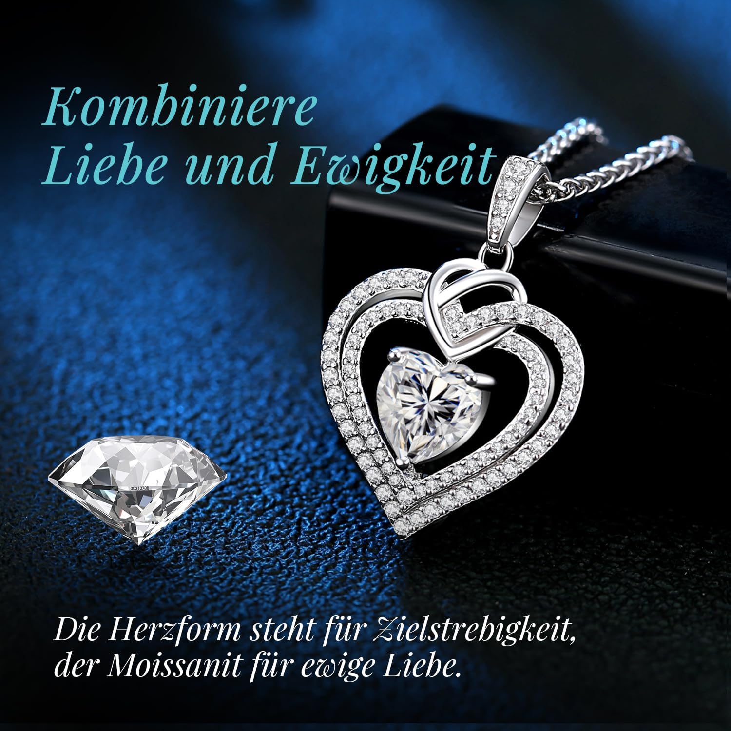 Thumbnail 2 de CDE Damen Moissanite Halskette Doppelherz aus Silber 925 – 18" + 2" Verlängerung, D-Farbe, VVS1