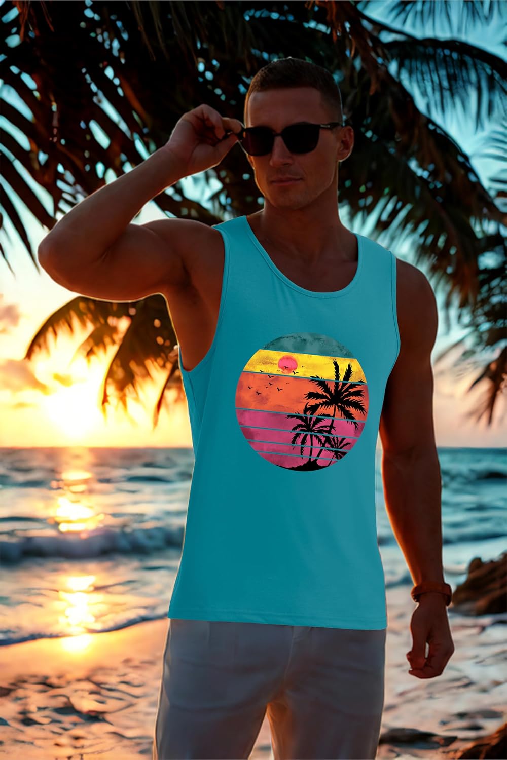 Detalle 2 de IWOLLENCE Men's Vest Tops – Cotton Summer Hawaiian Print Sleeveless Tee