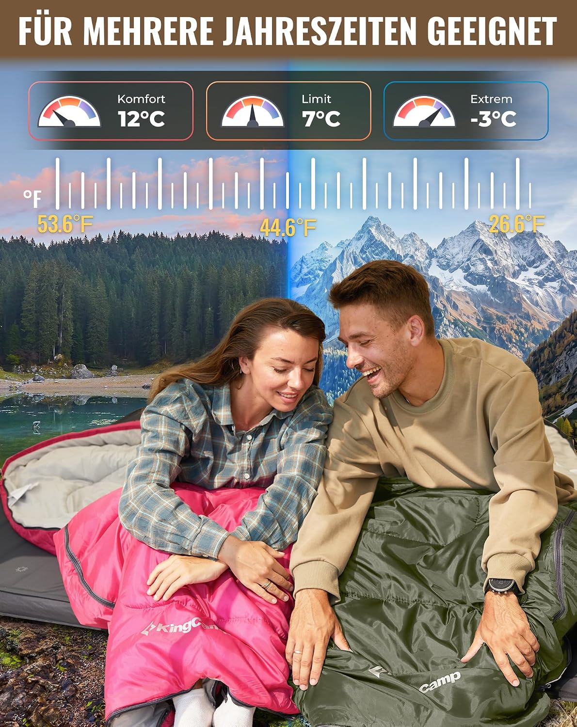 Detalle de KingCamp Camping Sommerschlafsack für Kinder & Erwachsene – kompakt, 3-Jahreszeiten, Deckenschlafsack integrierbar
