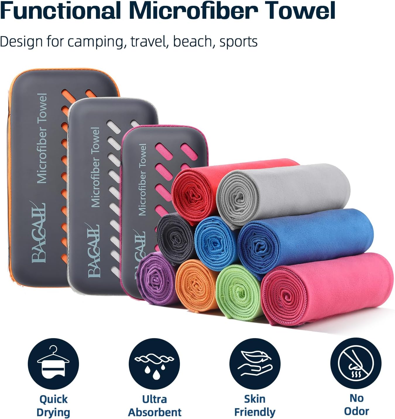 Thumbnail 1 de BAGAIL Microfibre Travel Towel (with EVA zip case) – quick-dry, compact camping & gym towel